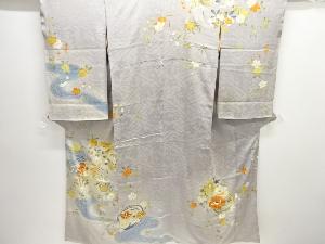 アンティーク　紋錦紗流水に花丸文様刺繍着物